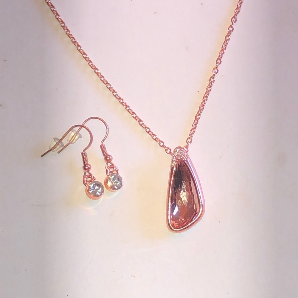 Rose Gold Tone Teardrop Pendant Necklace with Crystal Earrings